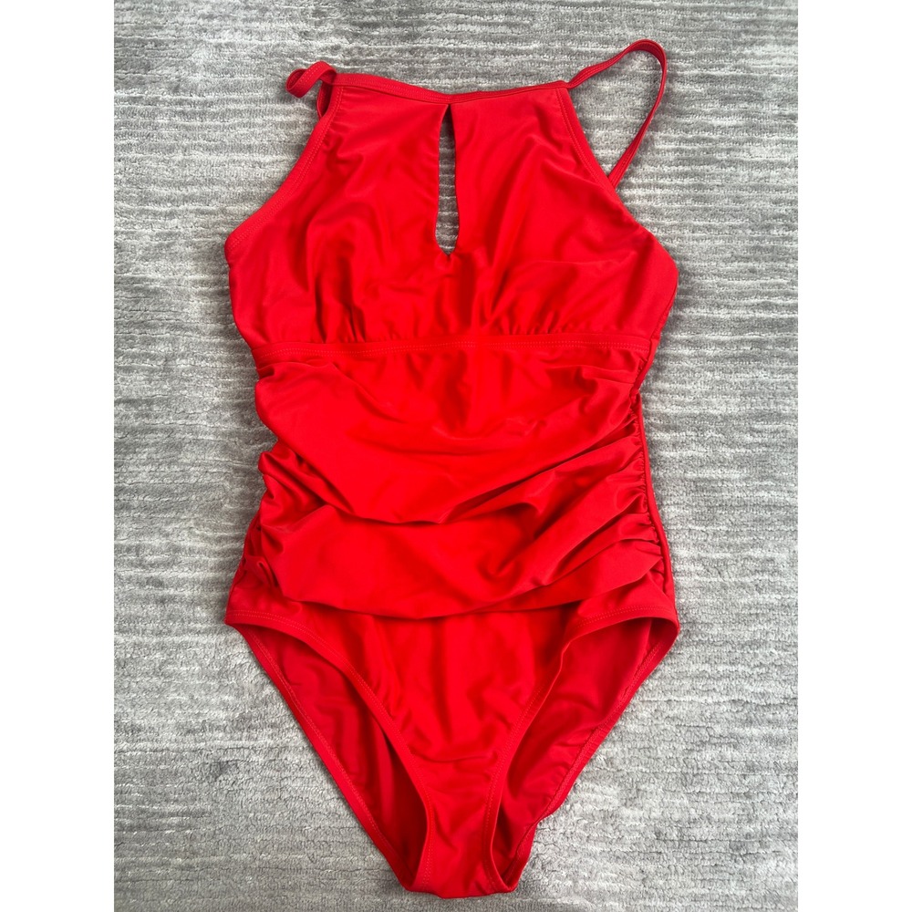 Ellen Tracy Swimsuit Womens 12 Red One Piece High Neck Keyhole Ruched Swimwear